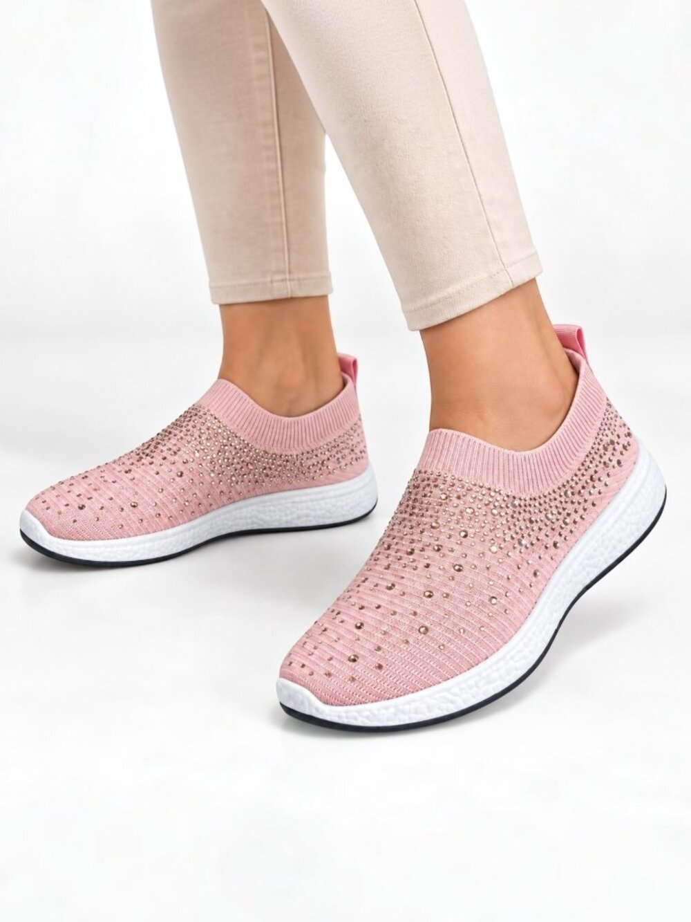 Pink Embellished Rhinestone Jewel Knit Slip-On Sneakers Sparkly Fashion Size 6